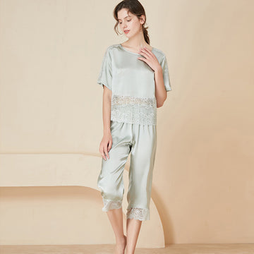 Lace Cuffs Hem Pure Silk Pajamas Set