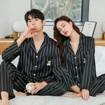 Couple Striped Lapel Collar Satin Pajamas