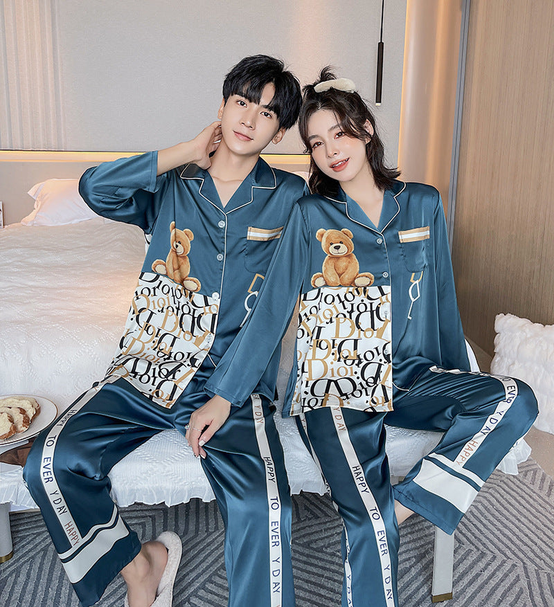 Couple Letter Graphic Print Satin PJ Set