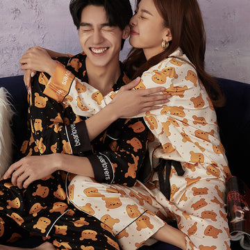 Bear Print Button Up Satin Couple Pajamas Set