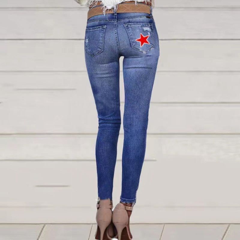 Women 4th of July Star Print Ripped Skinny Jeans