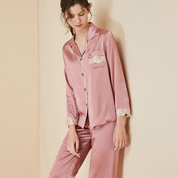 Pure Lace Trim Women Silk Pajamas Set