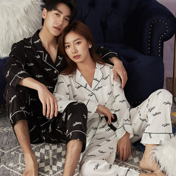 Letter Print Button Up Satin Couple Pajamas Set