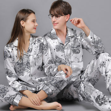 Couple's Satin Soft Long Sleeve Notch Collar Top and Pants Pajama Set