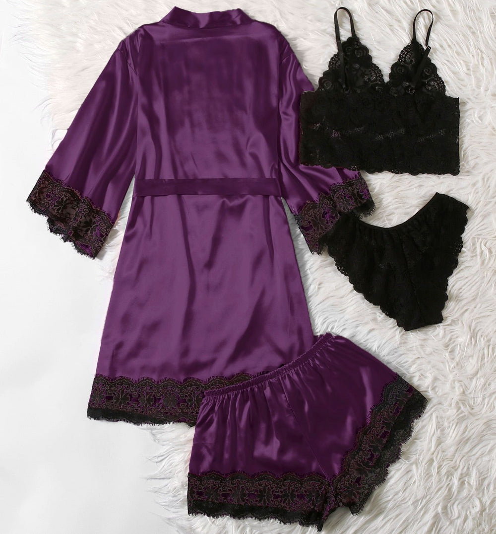 Women Dark Purple Satin Pajamas Lace Exotic Lingerie 4-Piece Set