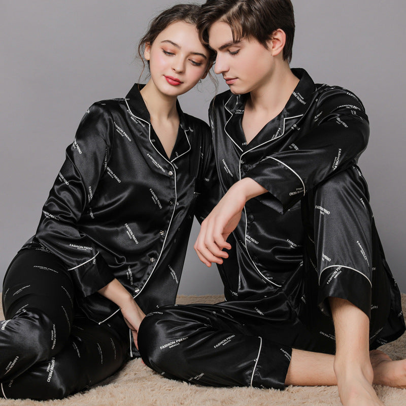 Classic Couple Letter Print Satin Men Pajama Set