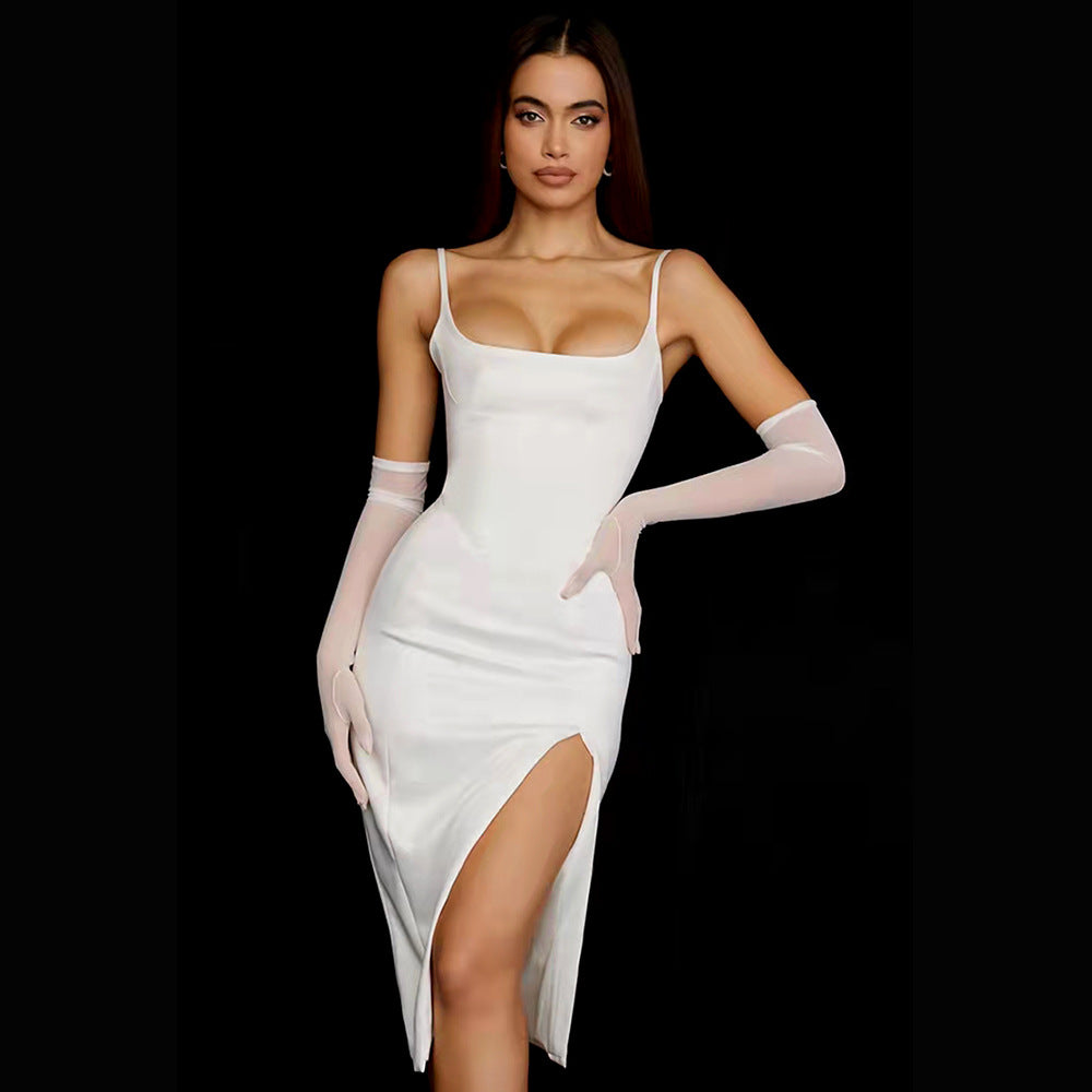 Asymmetrical Hem Ruched Satin Cami Dress