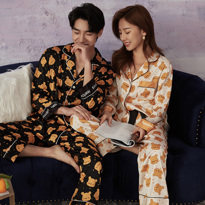 Bear Print Button Up Satin Couple Pajamas Set