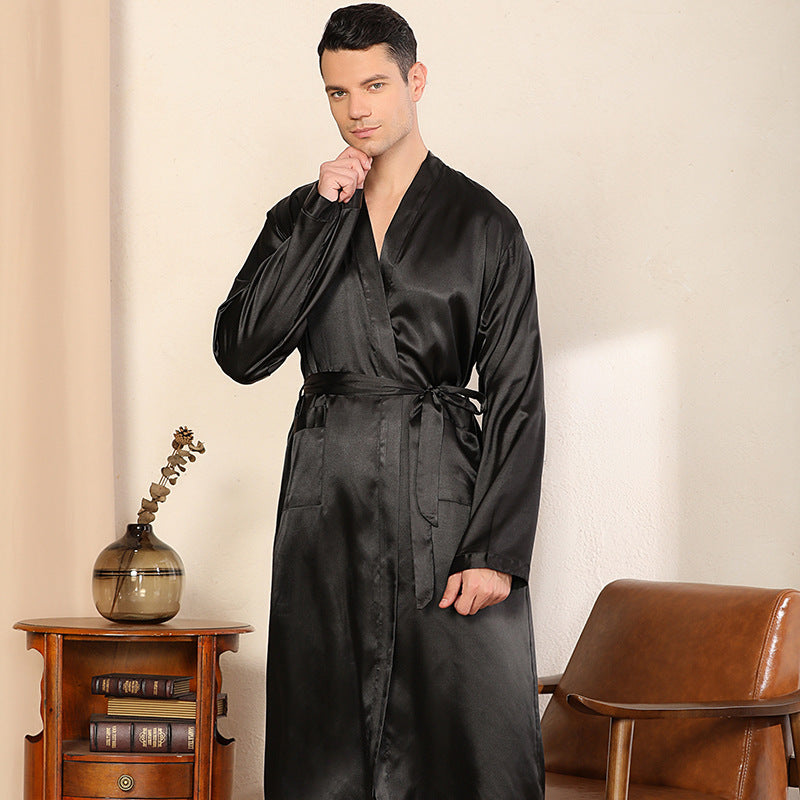 Men Satin Dual Pockets Belted Night Robe