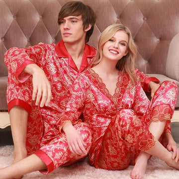 Red Lace Luxe Couple Satin Pajamas Set