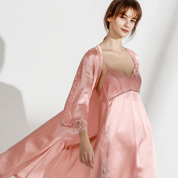 Pure Silk Lace Nightgown & Robe Set 2Pcs