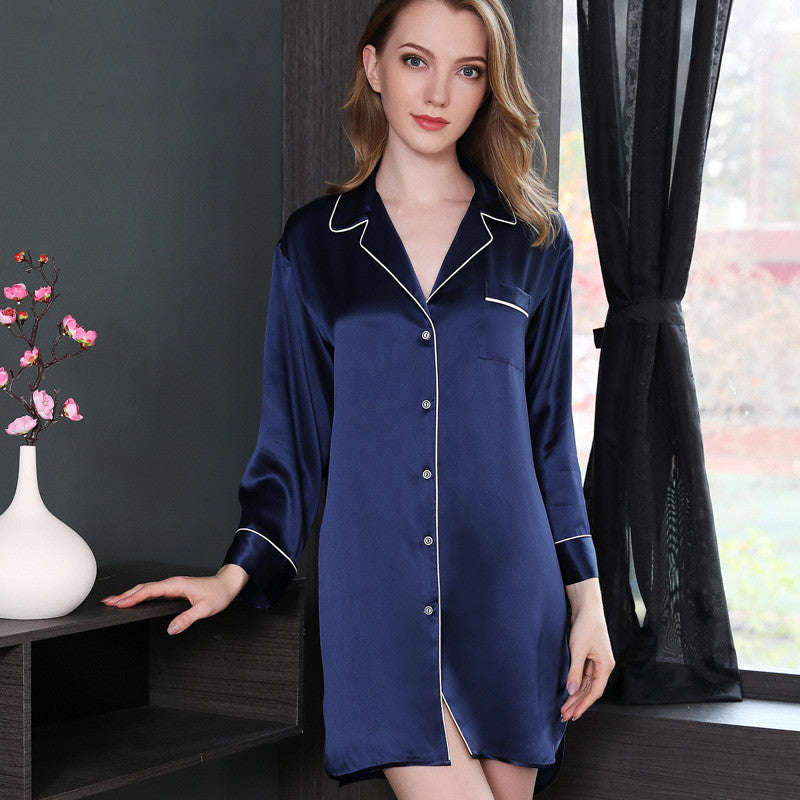 Luxurious Piping Silk Sleep Shirt Dress