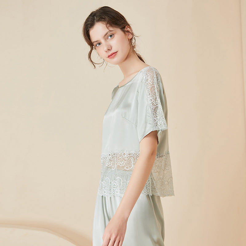 Lace Cuffs Hem Pure Silk Pajamas Set