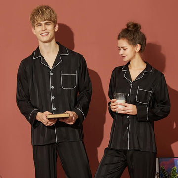 Black Satin Matching Couples Pajamas Set