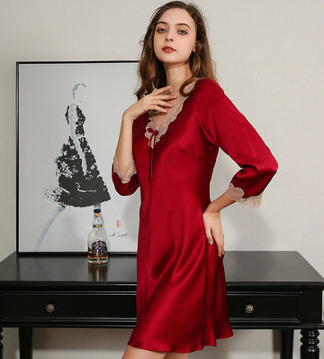 Pure Silk Lace Neck Sexy Long Sleeve Dress