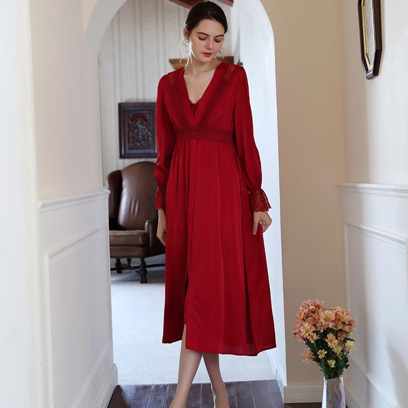 Lace Trim Dress & Belted Robe Satin Red Night Set