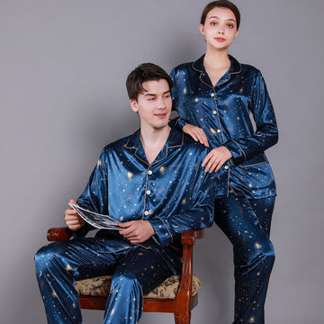 Star Print Silky Satin Couple Pajamas Set