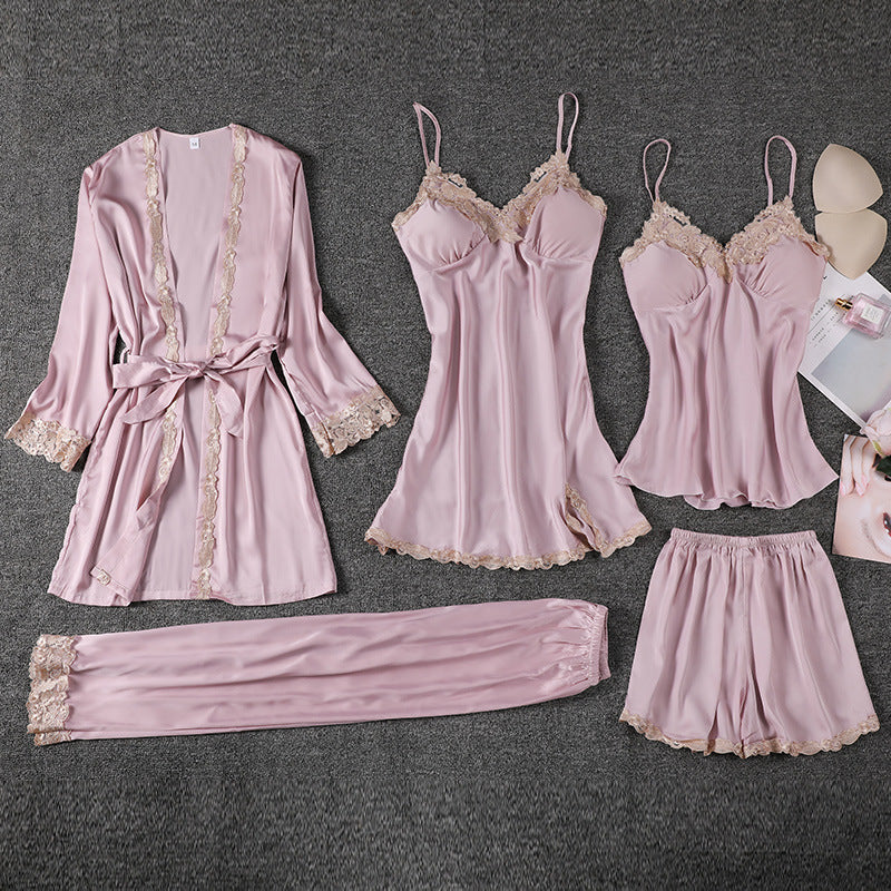 Women Satin Pajama Sets 5pcs Pajamas With Chest Pads