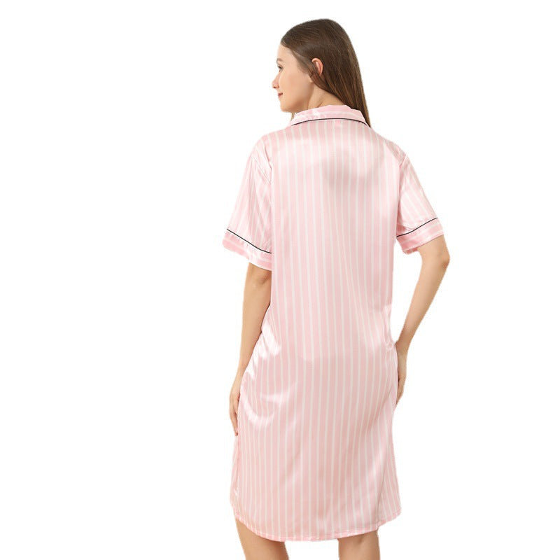 Striped Print Button Up Satin Sleep Dress