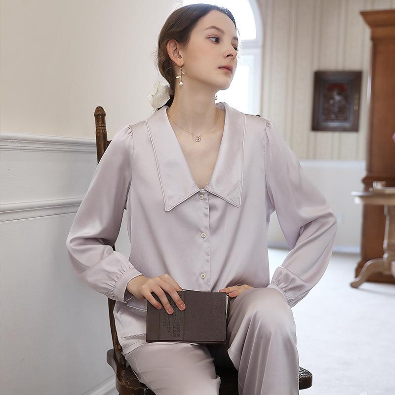 Contrast Piping Satin Blouse & Pants PJ Set