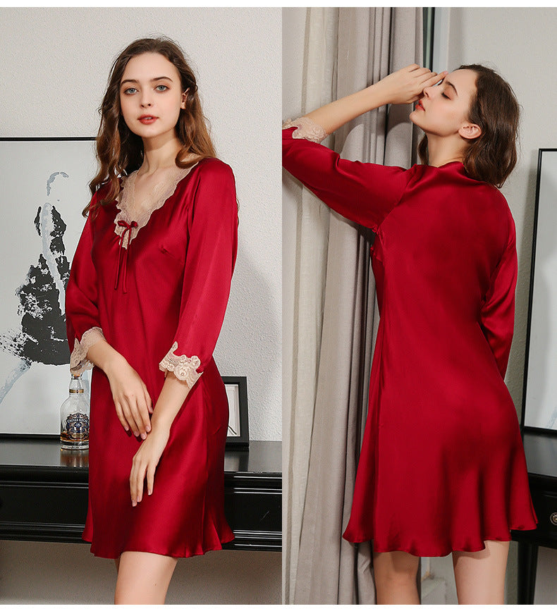 Pure Silk Lace Neck Sexy Long Sleeve Dress