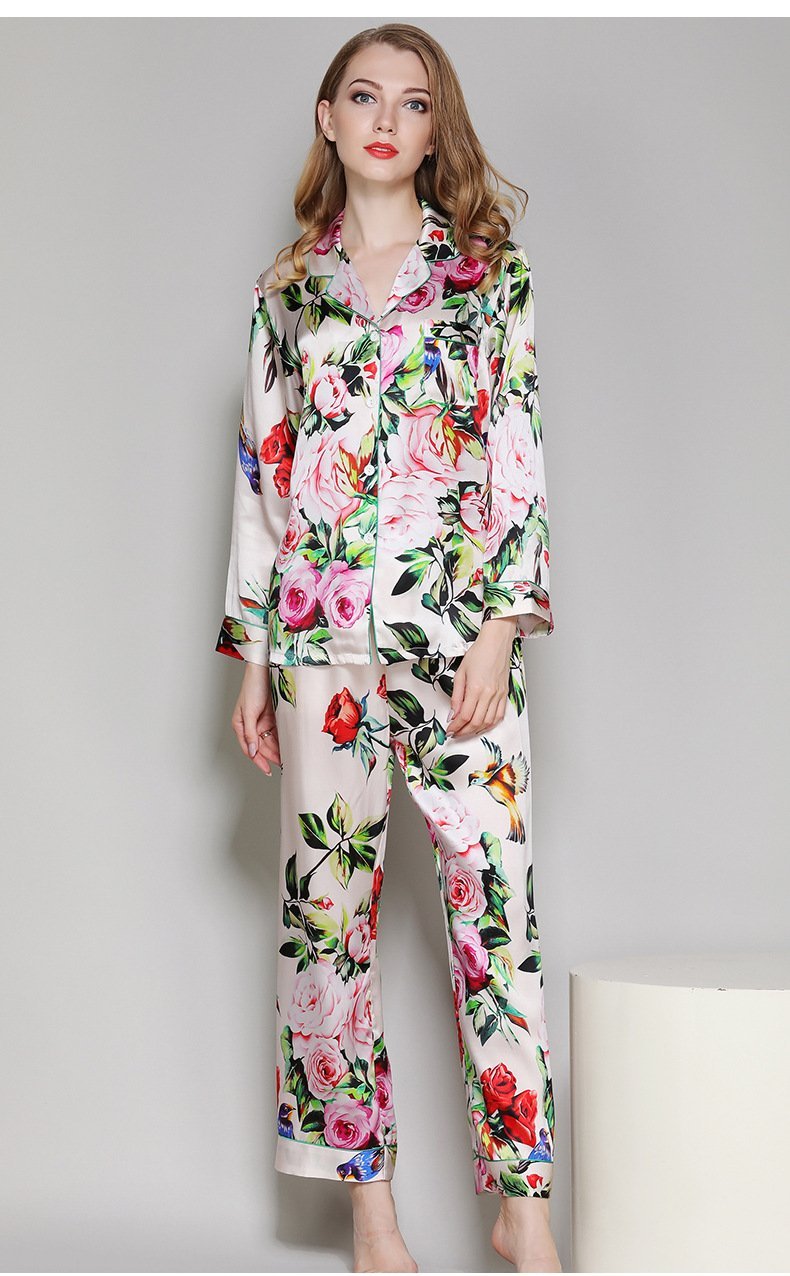 Floral Printed Pure Beige Silk Pajamas Set