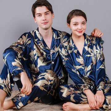 Allover Floral Print Satin Couple Pajamas Set