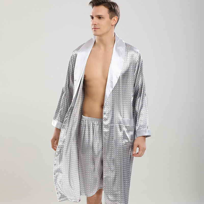 Men Allover Print Belted Satin PJ Set