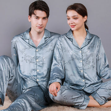 Allover Floral Print Silky Satin Couple Pajamas Set