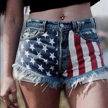 Colorblock Flag Print Raw Hem Denim Shorts