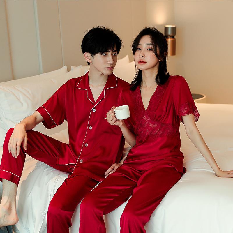 Bow Front Lace Trim Satin Couple Pajama Set