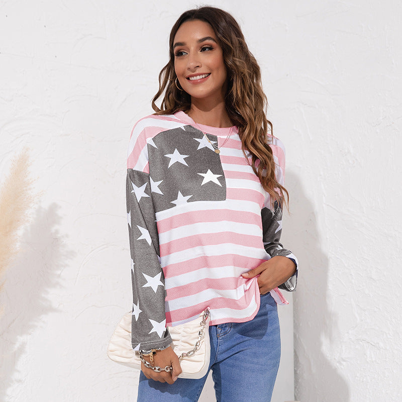 Women American Flag Print Long Sleeve Top