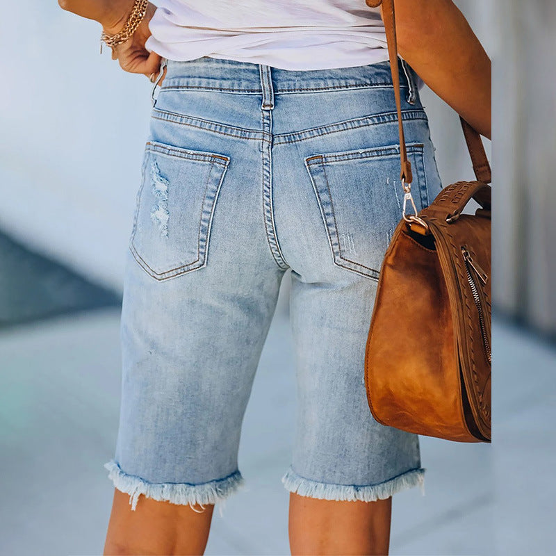 Women 4th of July Ripped Raw Trim Denim BoyfriendShorts