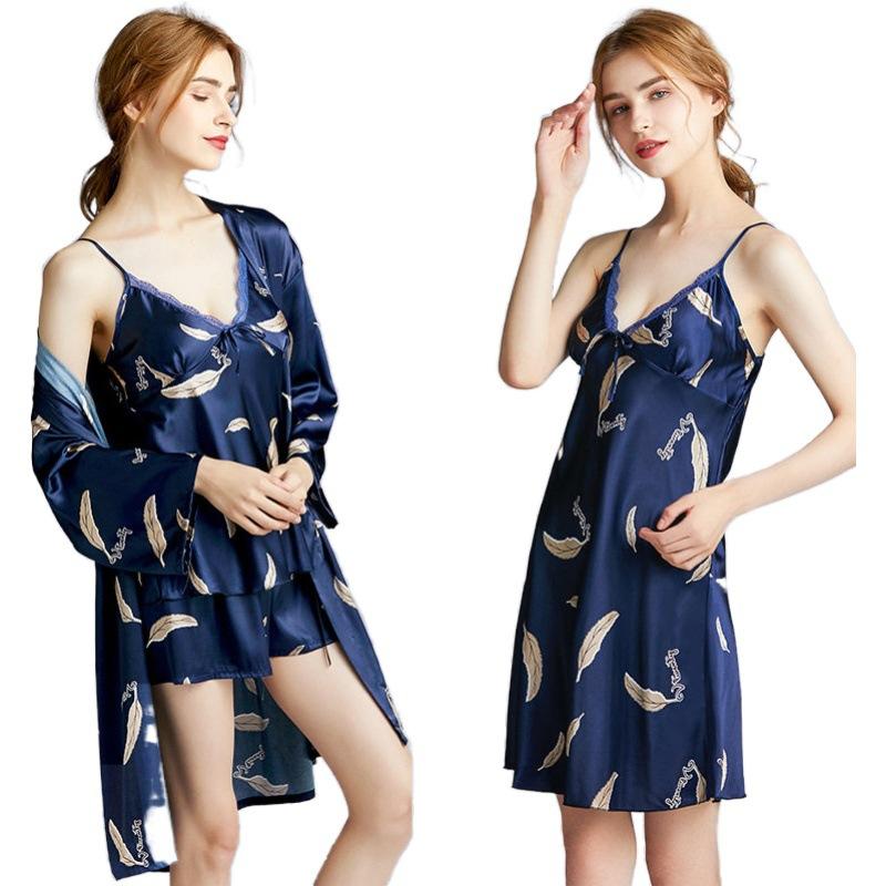 4pcs Floral Print Belted Satin Robe & Cami Top & Night Dress & Shorts