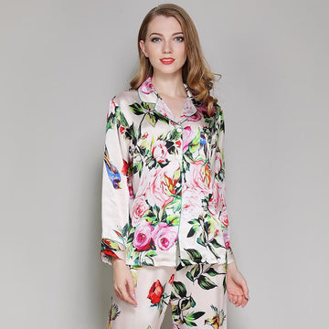 Floral Printed Pure Beige Silk Pajamas Set