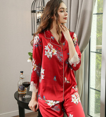 Pure Silk Printed Luxurious Pajamas Set 2Pcs