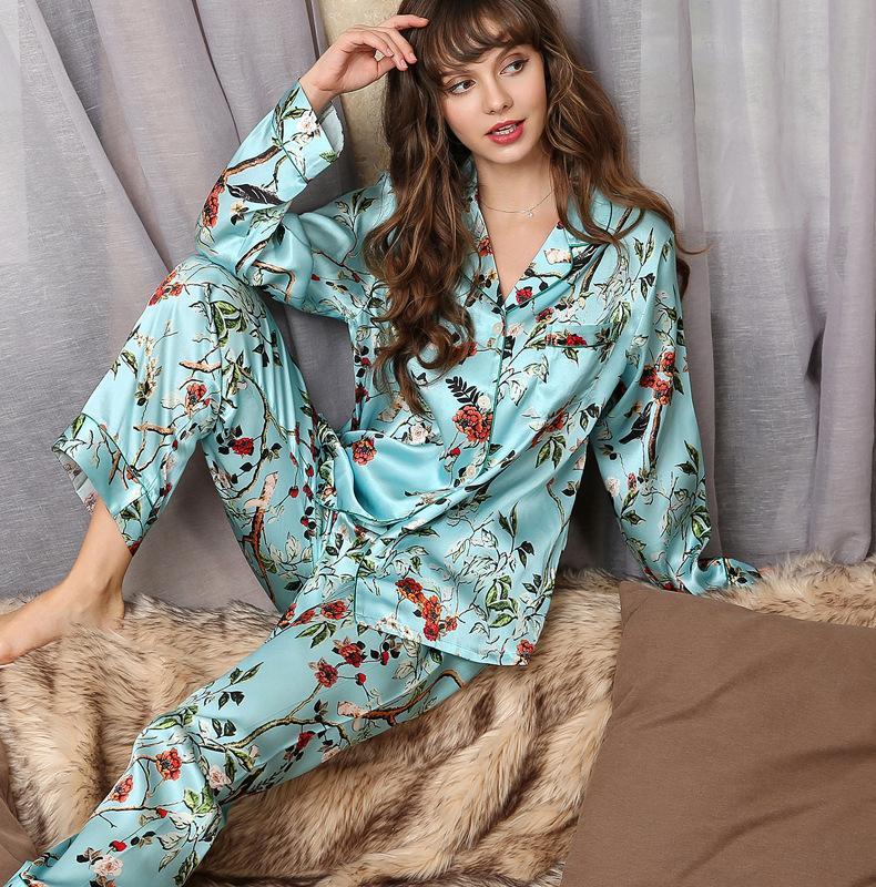 Aqua Floral Print 19 Momme Silk Pajama Set Women