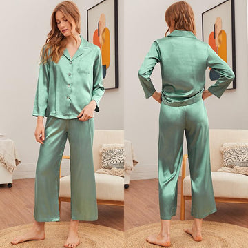 Button Front Satin Blouse & Pants PJ Set