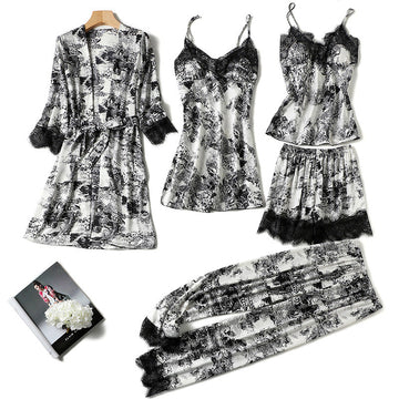 Women Black Ink Print Silk Pajamas with Chest Pads Trousers Nightgown 5-Piece Set