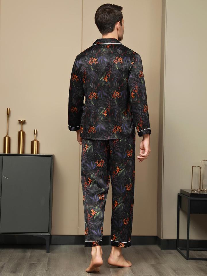 Pure Silk Men's Floral Printed Lapel Pajamas