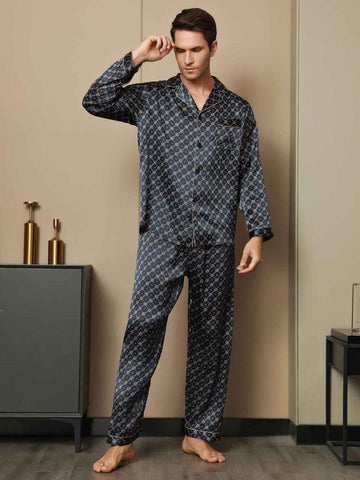 Printed Lapel Men's Pure Silk Pajamas Set