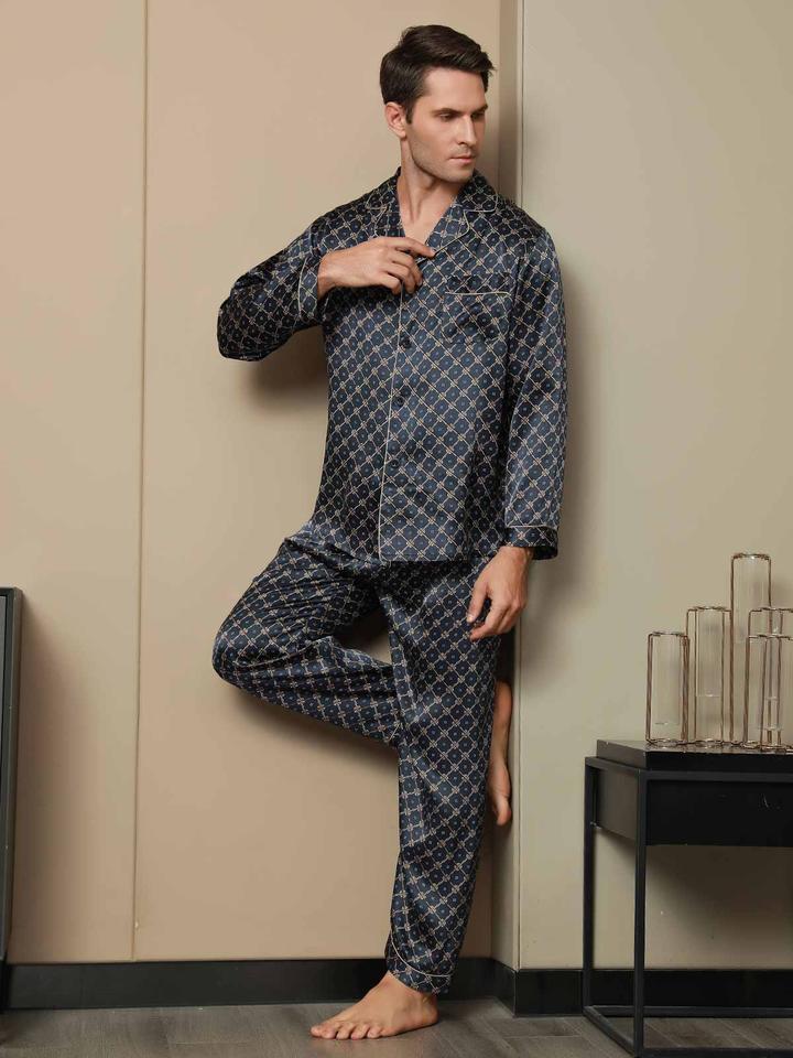 Printed Lapel Men's Pure Silk Pajamas Set