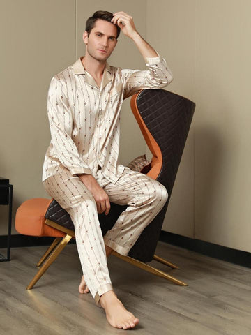 Pure Silk Champagne Men's Stripe Printed Pajamas