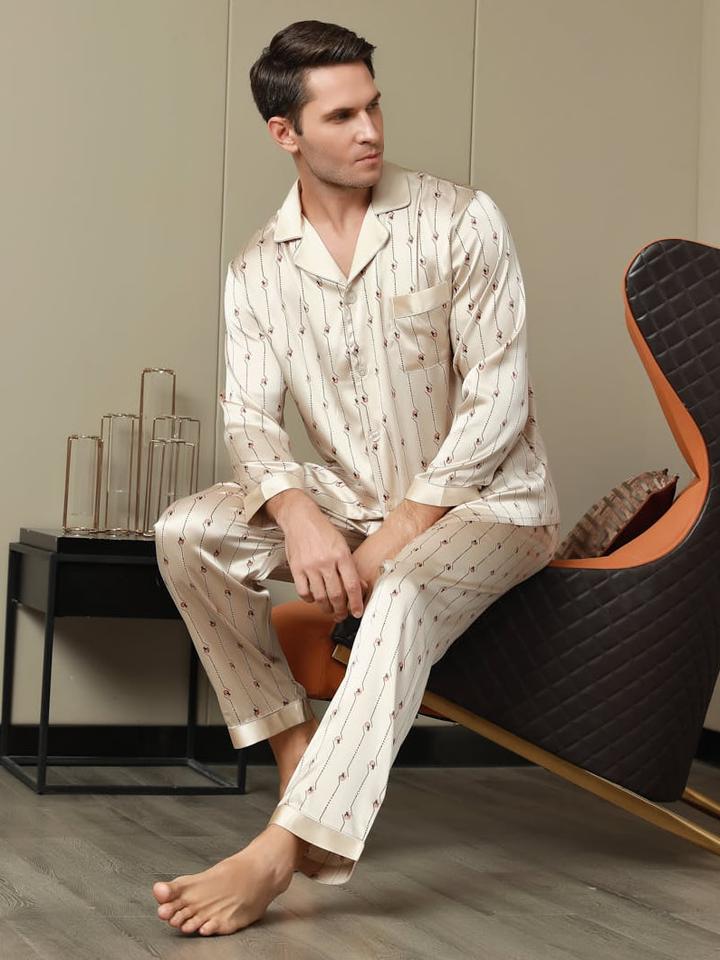 Pure Silk Champagne Men's Stripe Printed Pajamas