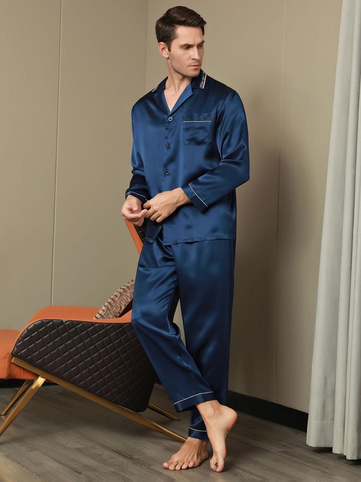 Luxurious Embroidered Collar Blue Men's Pure Silk Pajamas