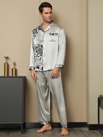 Pure Silk Men's Floral Printed Lapel Pajama Set