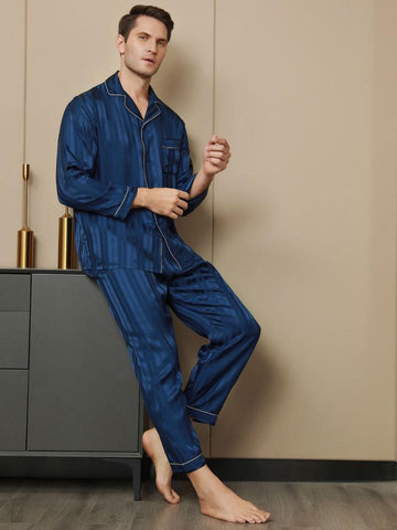 Luxurious Silk Men's Stripe Pajamas 2Pcs