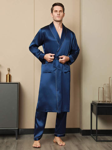 Pure Blue Silk Contrast Piping Belted Robe (Without Pants)