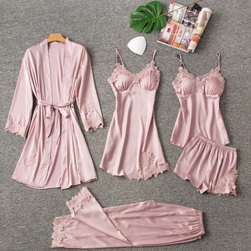 Women Pink Silk Satin Cami Top Robe Sleepwear Nightdress with Chest Pads 5-Piece Sets