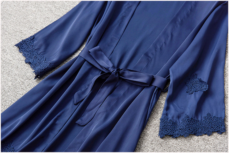 Women Navy Silk Satin Cami Top Robe Sleepwear Nightdress with Chest Pads 5-Piece Sets